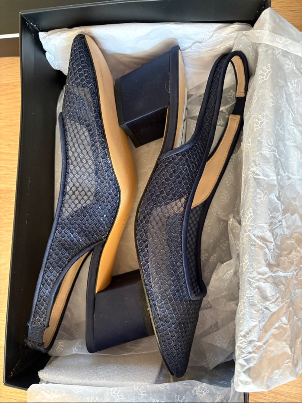 Nina Navy Mesh Slingback Block Heel Pumps